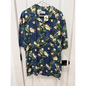 Oliver Burke Mens Blue Tropical Floral Hibiscus Short Sleeve Button Up Shirt XL